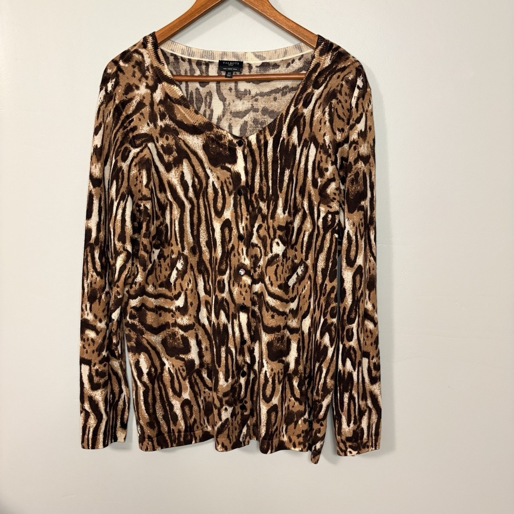 Talbots Cardigan Size 2X Pure Merino Wool Cheetah Button Front Safari